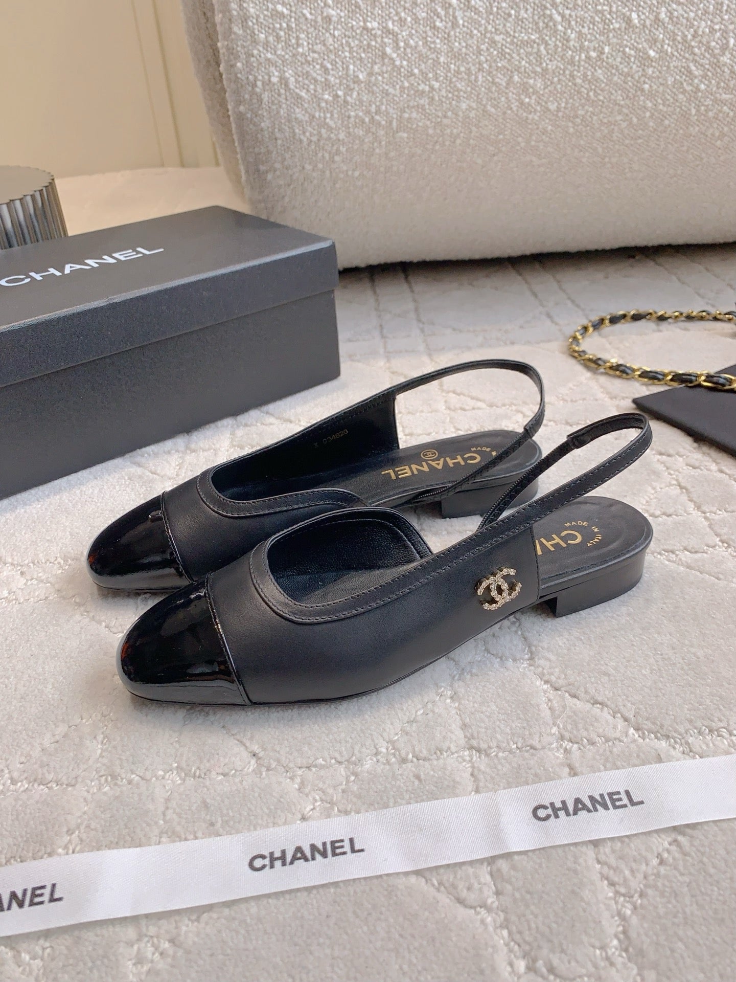 CHANEL 25S SLINGBACK IN BLACK FULL CALFSKIN GOLD HARDWARE