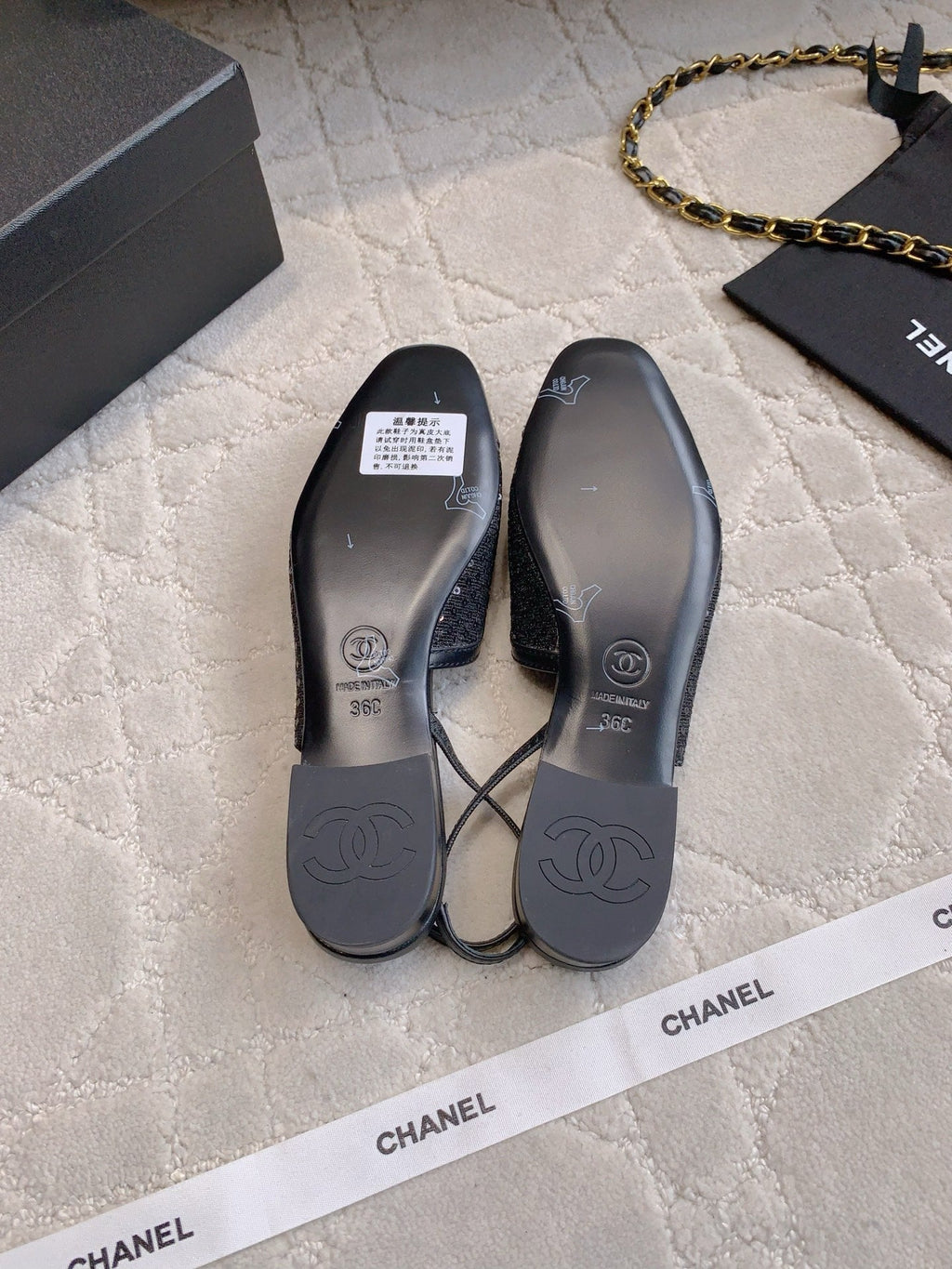 CHANEL 25S SLINGBACK IN SPARKLING BLACK CALFSKIN AND CANVAS GOLD HARDWARE