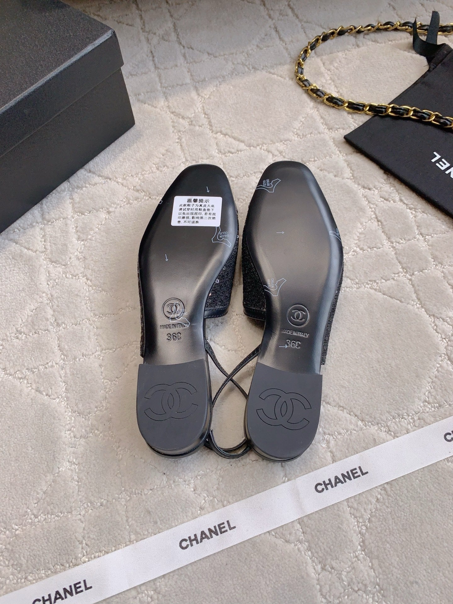 CHANEL 25S SLINGBACK IN SPARKLING BLACK CALFSKIN AND CANVAS GOLD HARDWARE