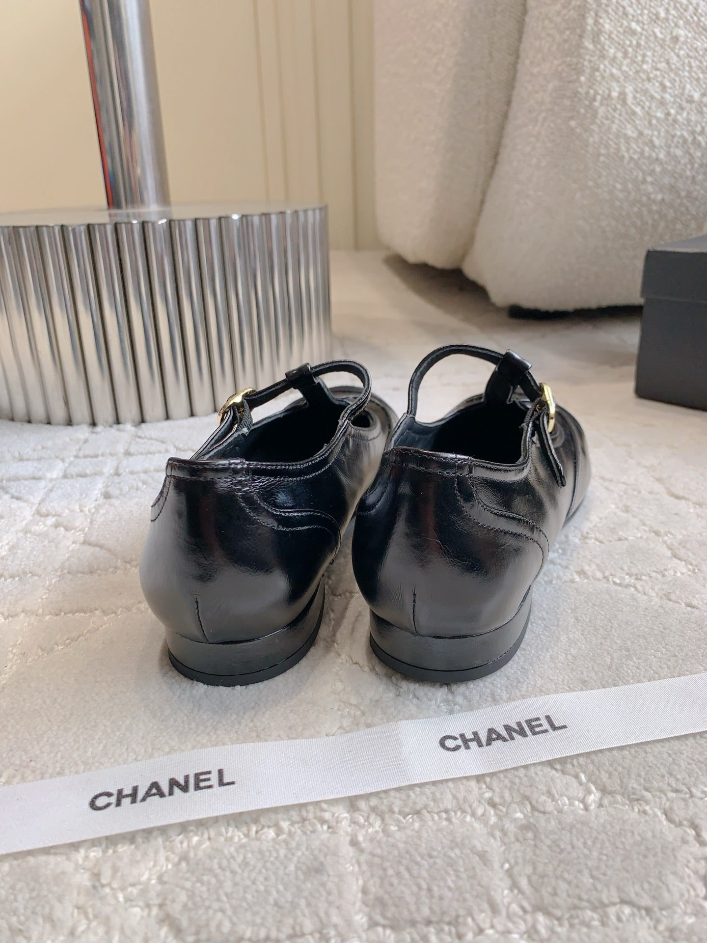 CHANEL 25S MARY JANE IN BLACK FULL CALFSKIN AND CANVAS GOLD HARDWARE