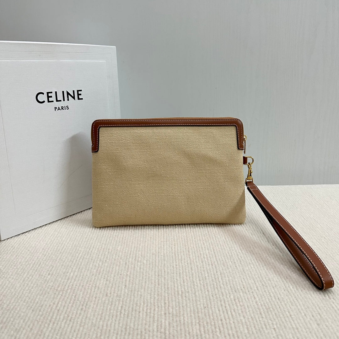 SMALL POUCH 25 IN BEIGE CANVAS AND BROWN CALFSKIN