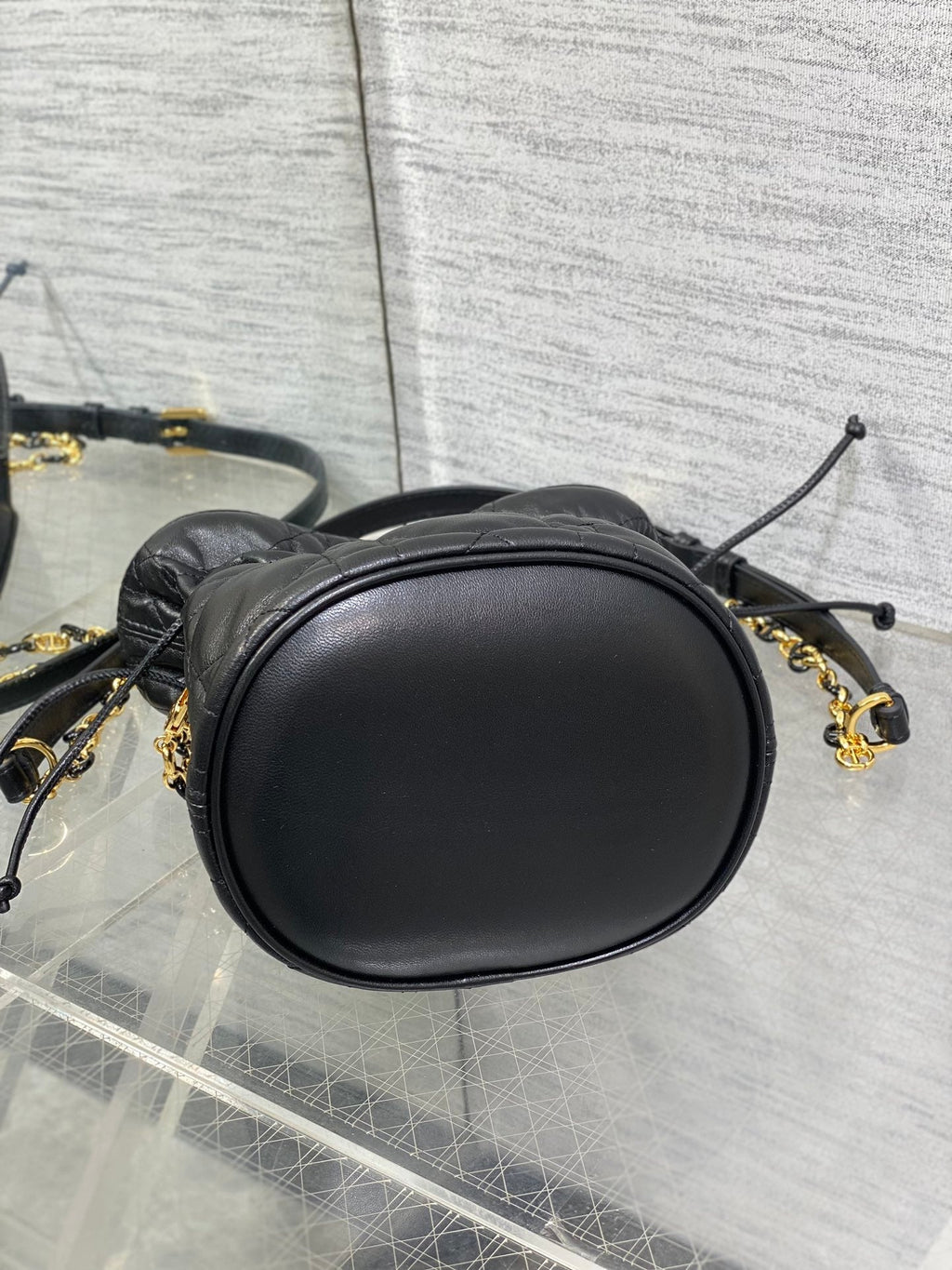 MONTAIGNE MINI 18 BUCKET BAG WITH DRAWSTRING IN BLACK LAMBSKIN