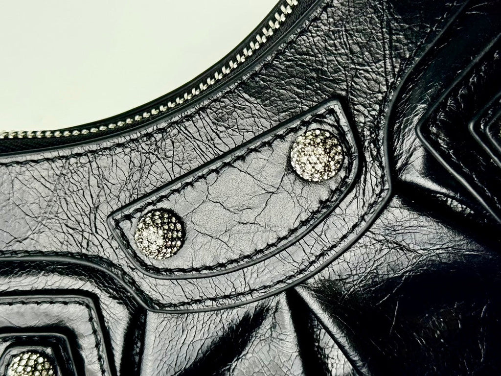 LE CAGOLE SMALL SHOULDER BAG 26 WITH RHINESTONES IN BLACK ARENA LAMBSKIN SILVER HARDWARE