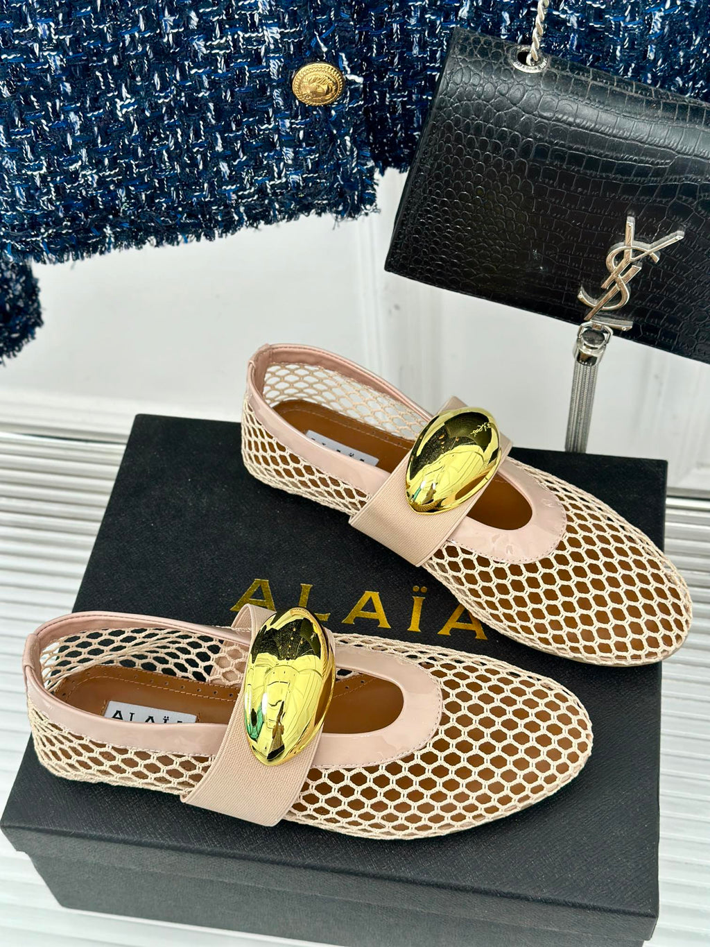 ALAIA MARY JANE SHOES IN BEIGE MESH WITH GOLD HARDWARE