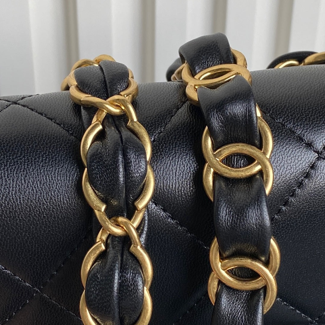 MINI FLAP BAG 16 IN BLACK CALFSKIN GOLD DOUBLE C THICK CHAIN