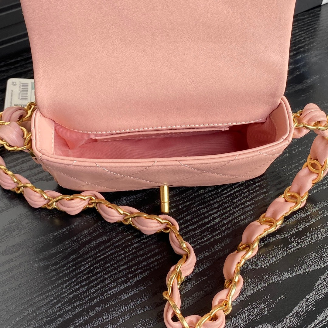 MINI FLAP BAG 16 IN MELON PINK CALFSKIN GOLD DOUBLE C THICK CHAIN