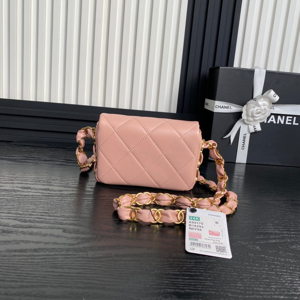 MINI FLAP BAG 16 IN MELON PINK CALFSKIN GOLD DOUBLE C THICK CHAIN