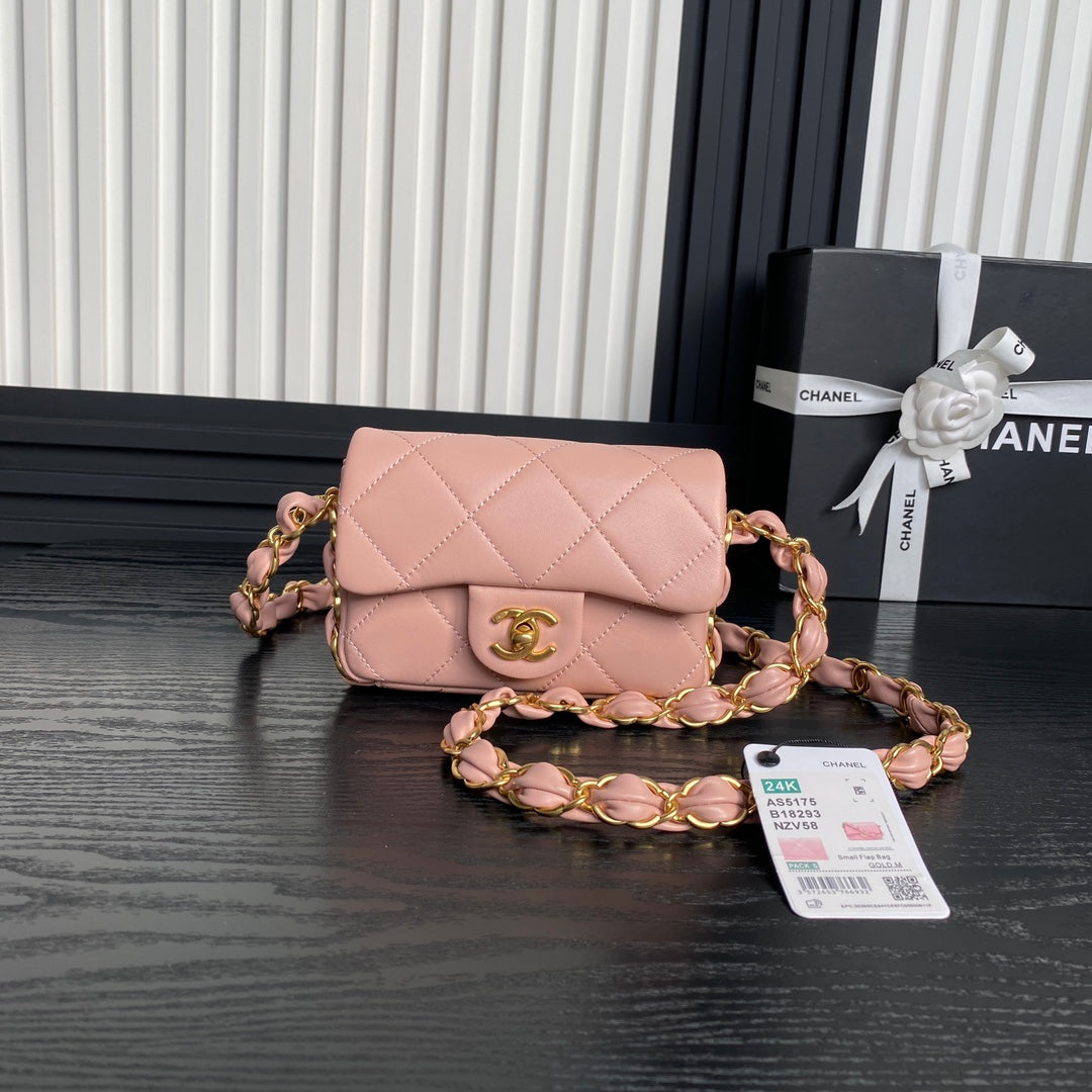 MINI FLAP BAG 16 IN MELON PINK CALFSKIN GOLD DOUBLE C THICK CHAIN