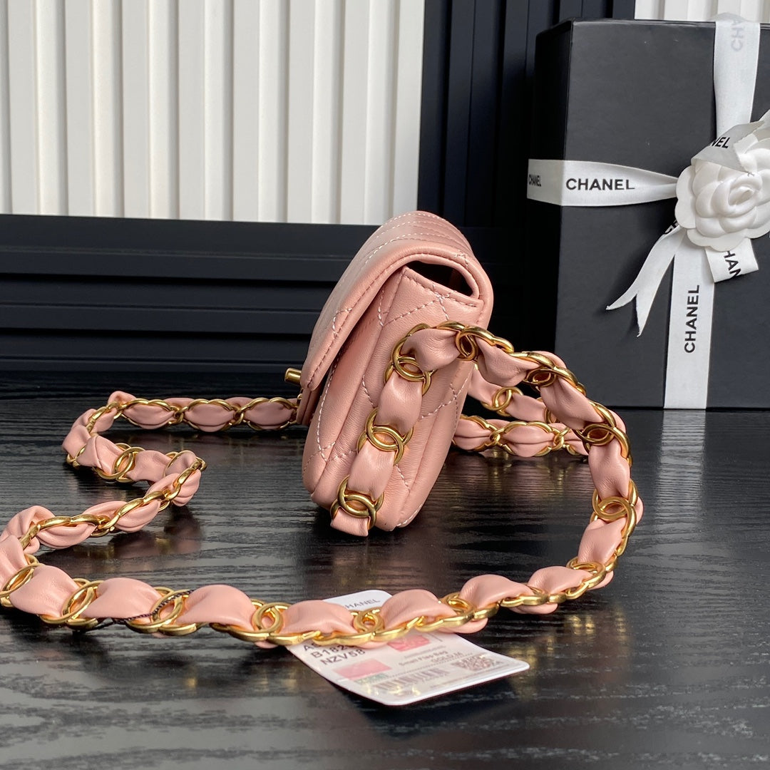 MINI FLAP BAG 16 IN MELON PINK CALFSKIN GOLD DOUBLE C THICK CHAIN