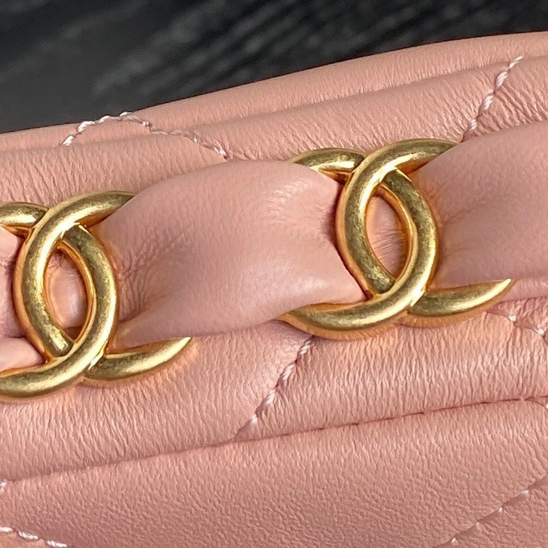 MINI FLAP BAG 16 IN MELON PINK CALFSKIN GOLD DOUBLE C THICK CHAIN