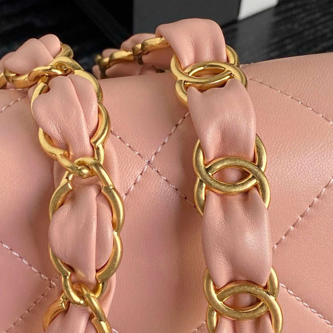 MINI FLAP BAG 16 IN MELON PINK CALFSKIN GOLD DOUBLE C THICK CHAIN