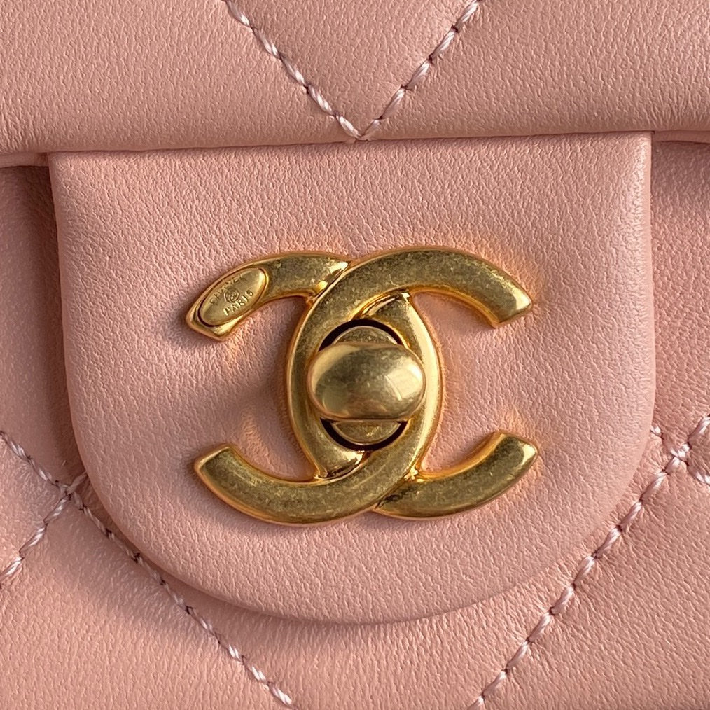 MINI FLAP BAG 16 IN MELON PINK CALFSKIN GOLD DOUBLE C THICK CHAIN