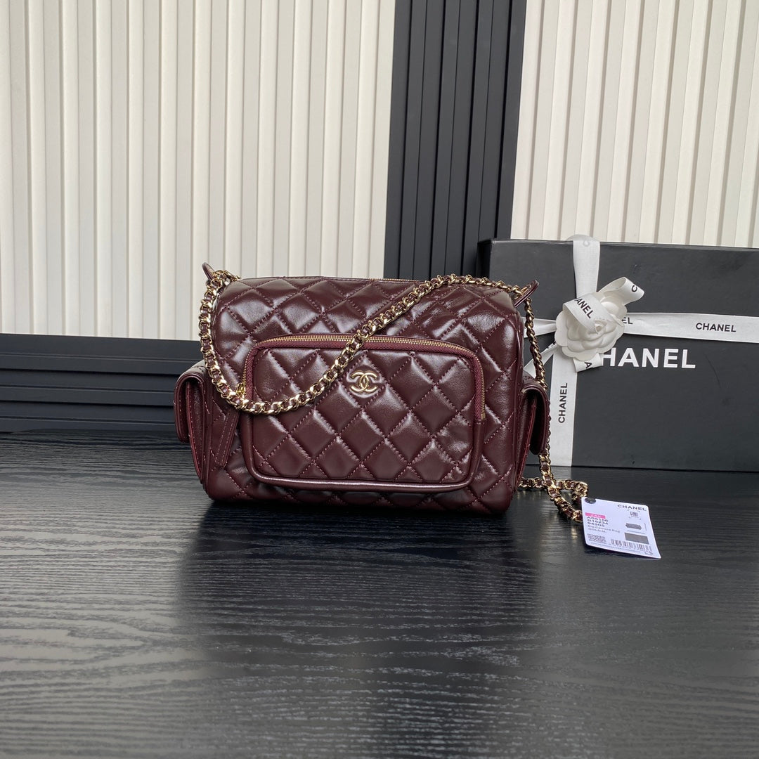 CAMERA BAG 24 IN CONGO BROWN SHINY CALFSKIN GOLD CHAIN