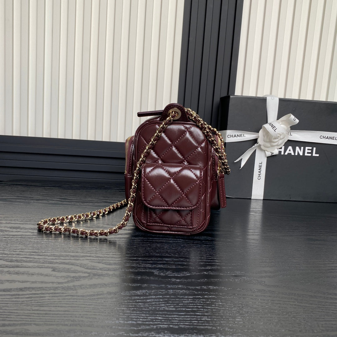 CAMERA BAG 24 IN CONGO BROWN SHINY CALFSKIN GOLD CHAIN