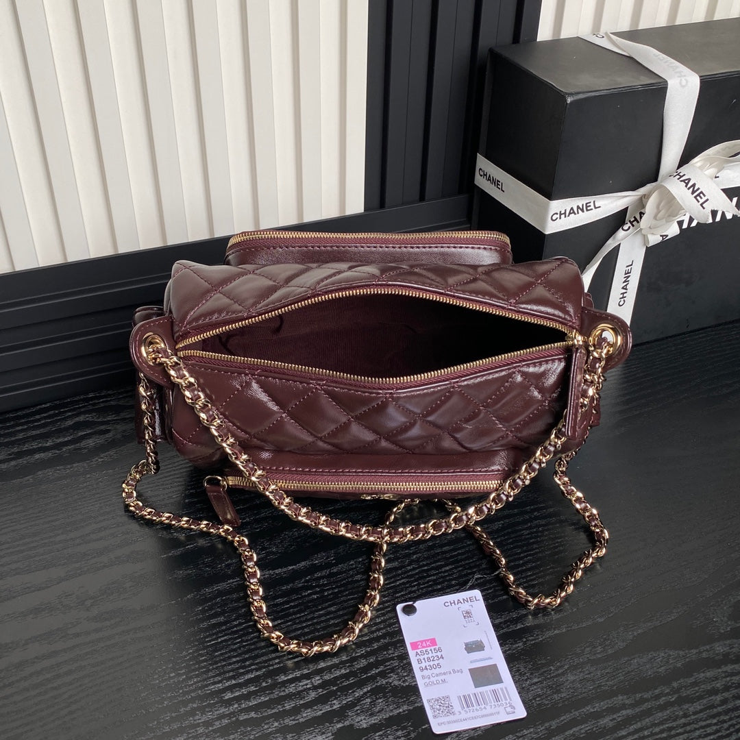CAMERA BAG 24 IN CONGO BROWN SHINY CALFSKIN GOLD CHAIN
