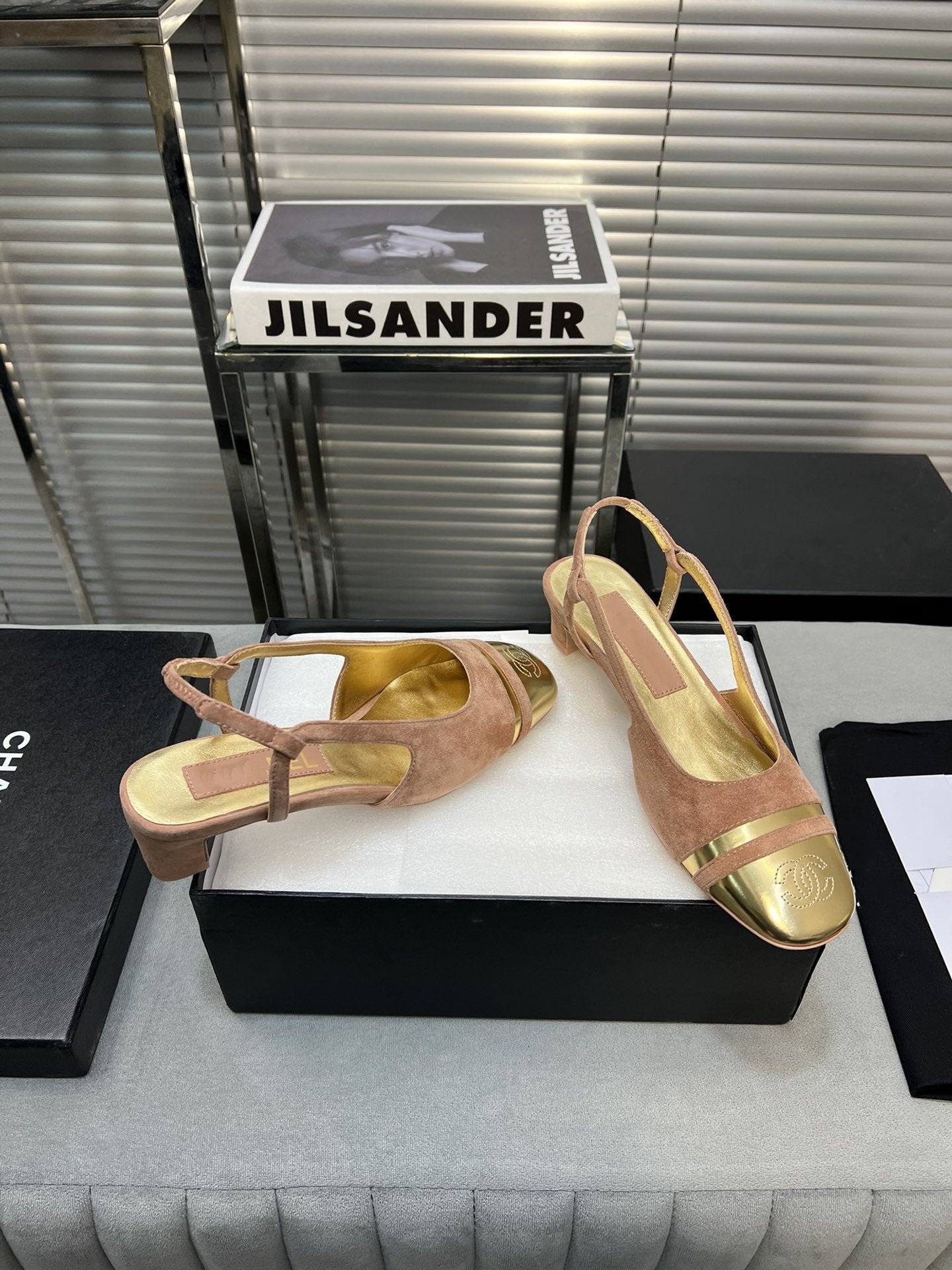 slingback rose suede gold metalic lambskin square toe 5.0