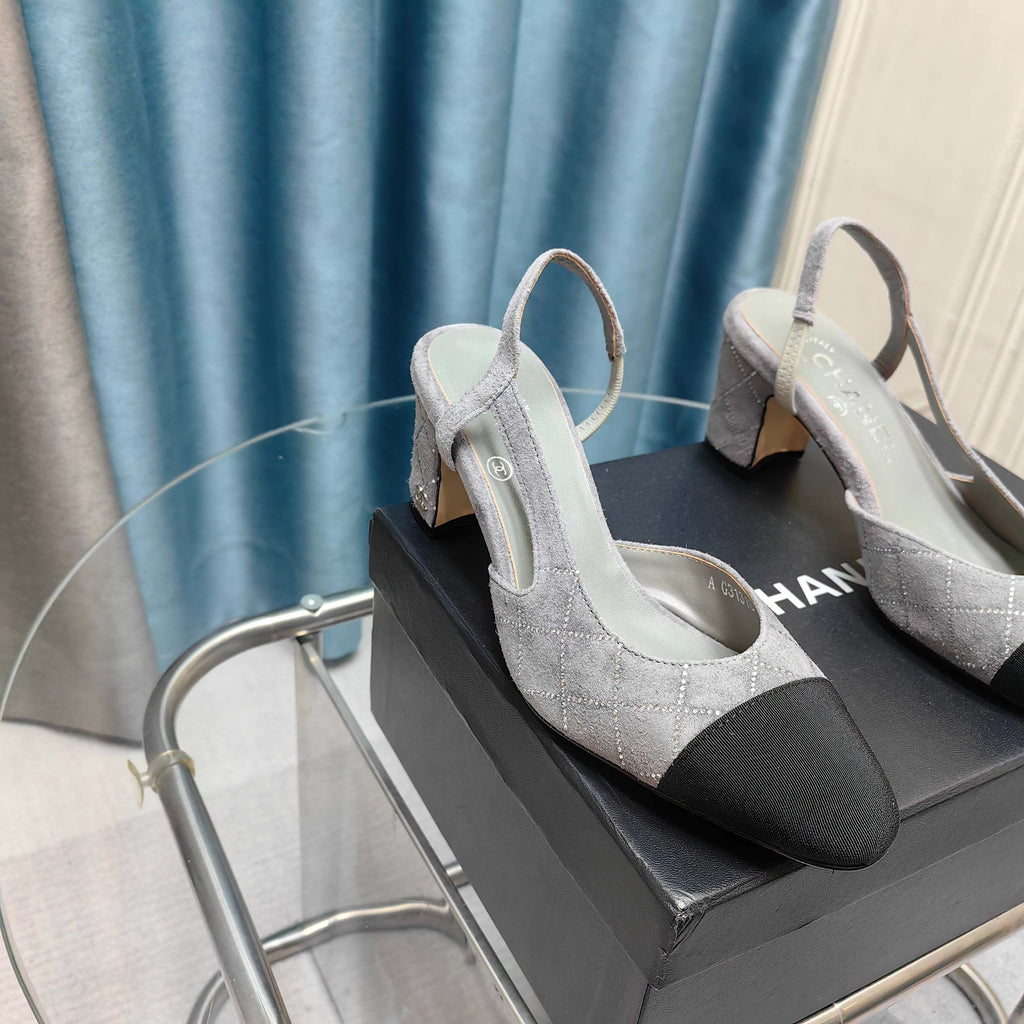 CC SLINGBACK 25S 65 MM IN GREY SUEDE AND BLACK FABRIC
