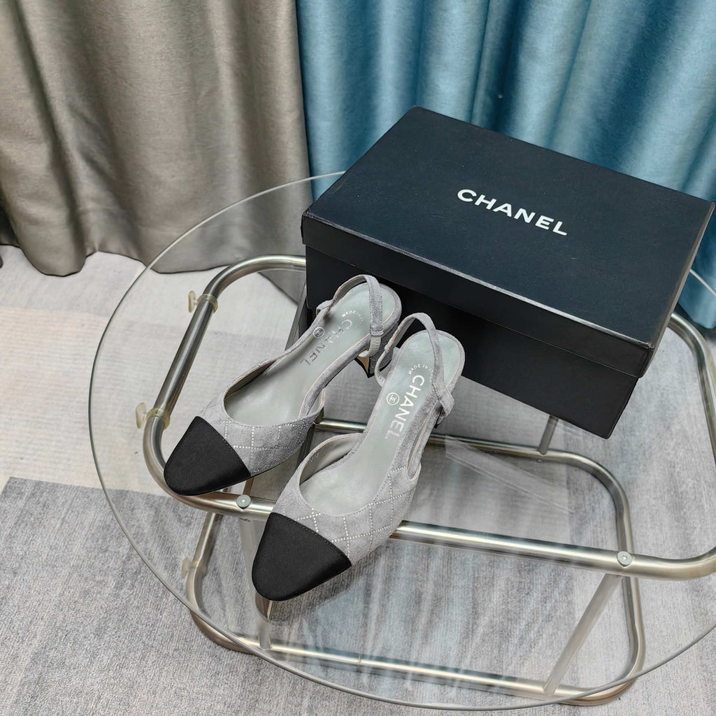 CC SLINGBACK 25S 65 MM IN GREY SUEDE AND BLACK FABRIC