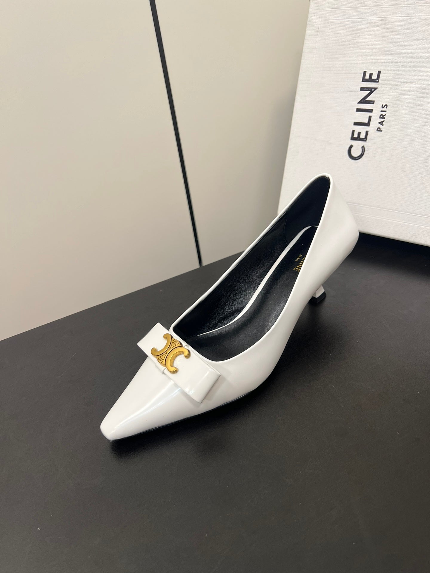 TRIOMPHE POINTED-TOE HIGH PUMPS IN WHITE SHINY CALFSKIN