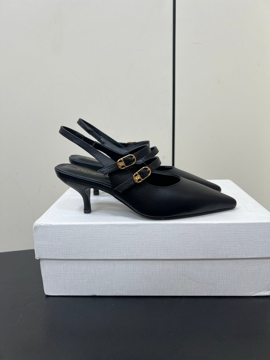 JUDY DOUBLE STRAP MARY JANE SLINGBACK IN BLACK SMOOTH CALFSKIN