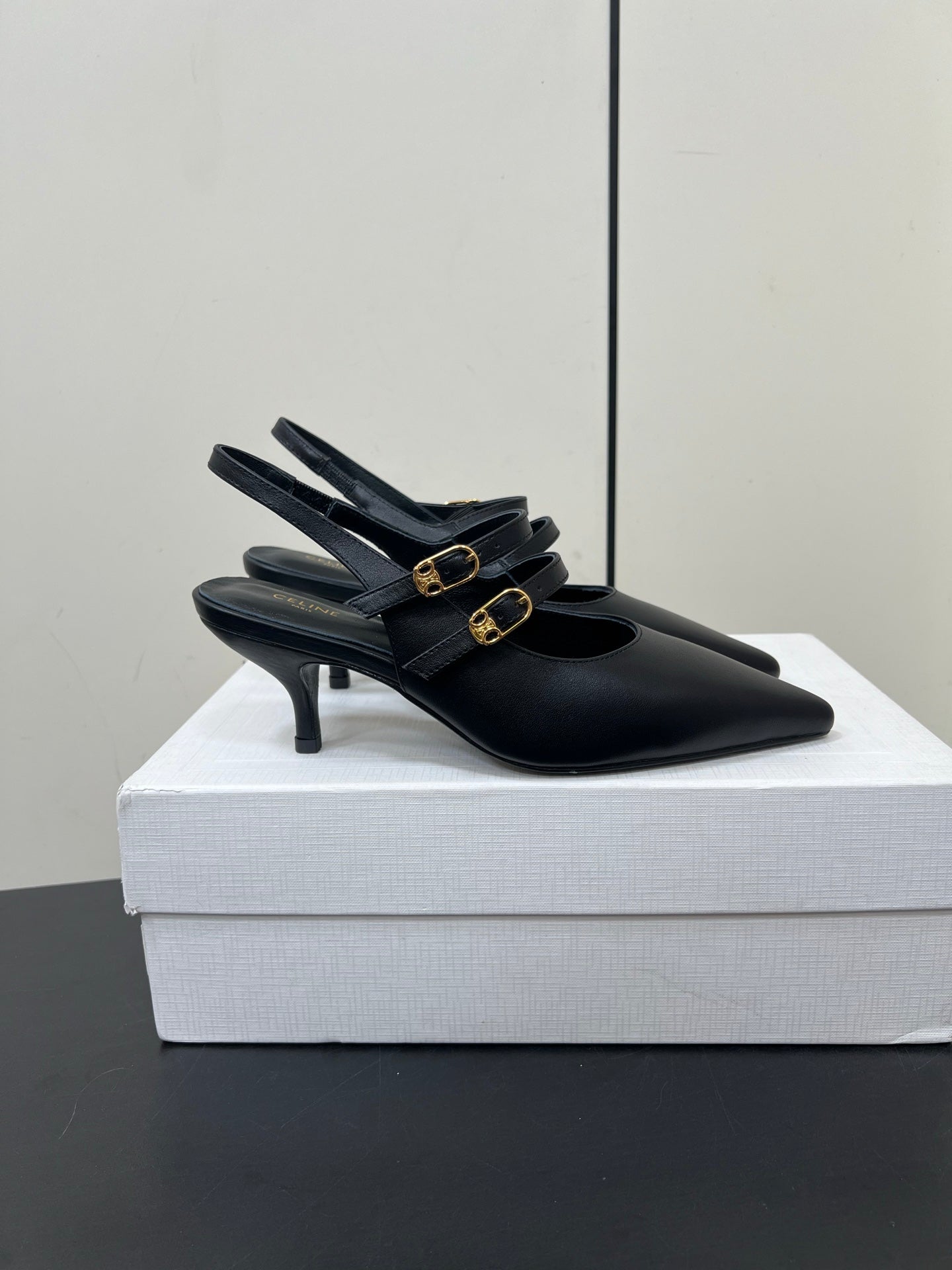 JUDY DOUBLE STRAP MARY JANE SLINGBACK IN BLACK SMOOTH CALFSKIN