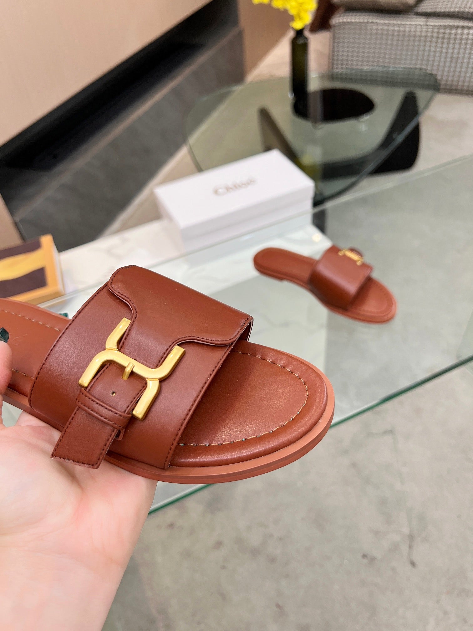 MARCIE SLIDE IN UMBER BROWN CALFSKIN WITH GOLD HARDWARE
