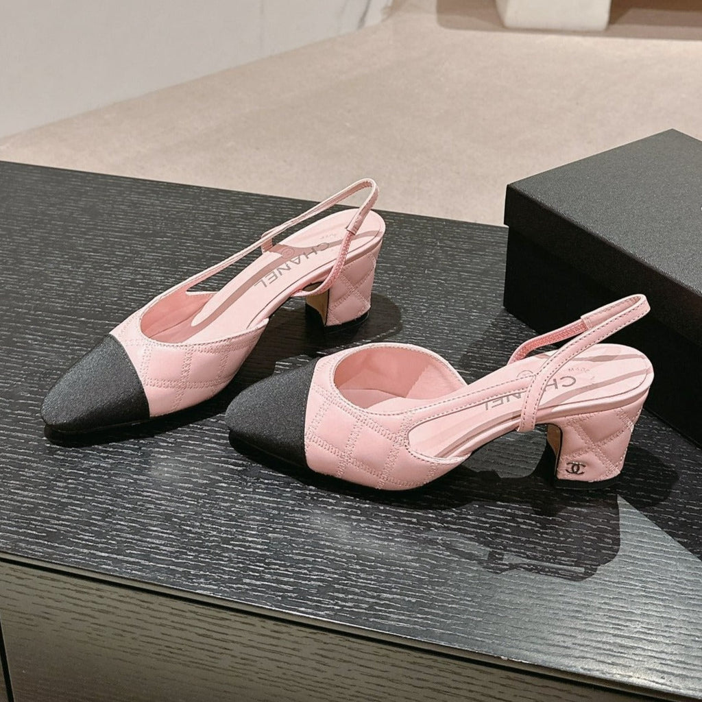 HIGH SLINGBACKS IN LIGHT PINK LAMBSKIN AND BLACK SATIN