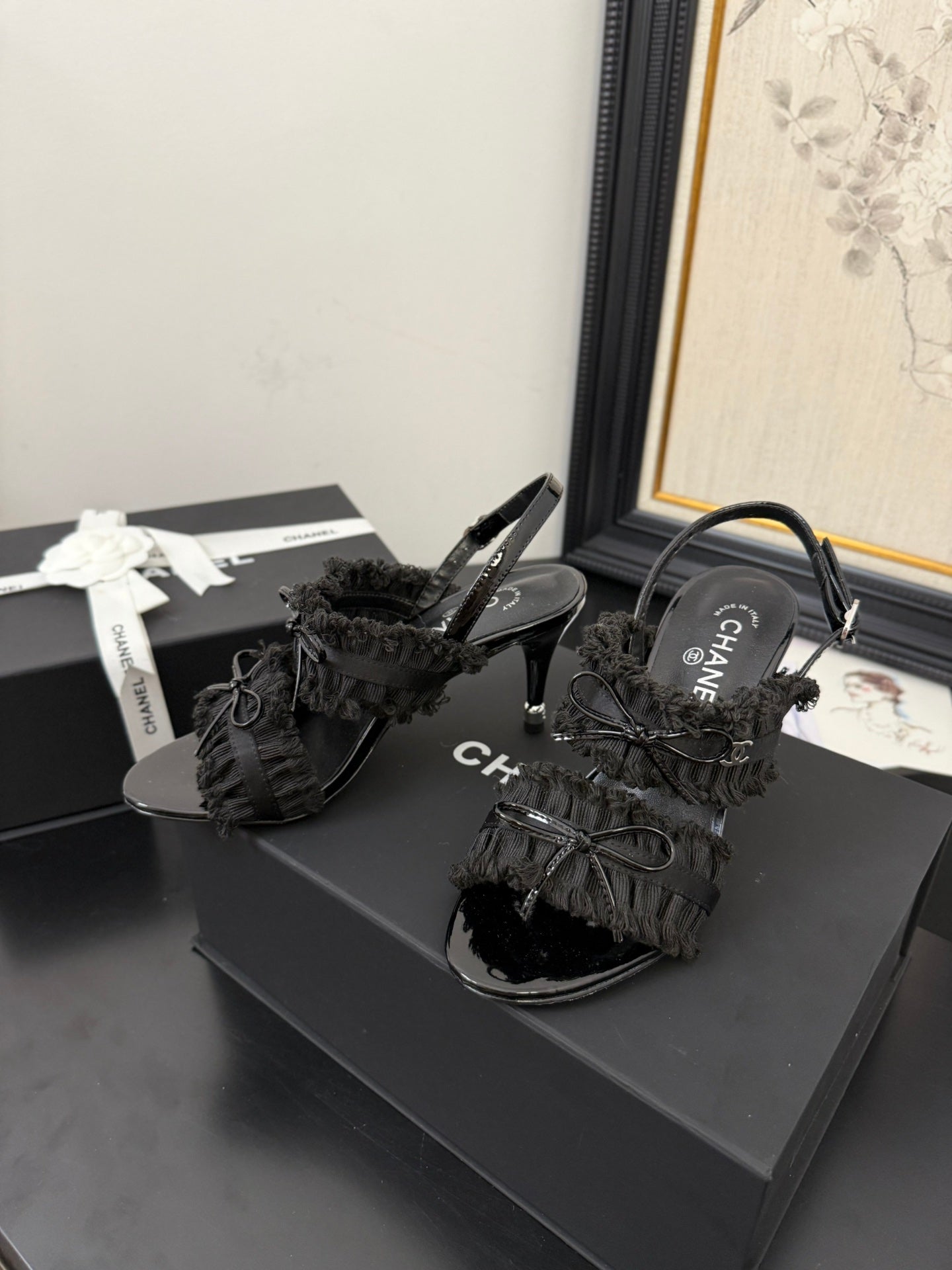 BLACK GROSGRAIN CANVAS BOW SLINGBACK SANDALS