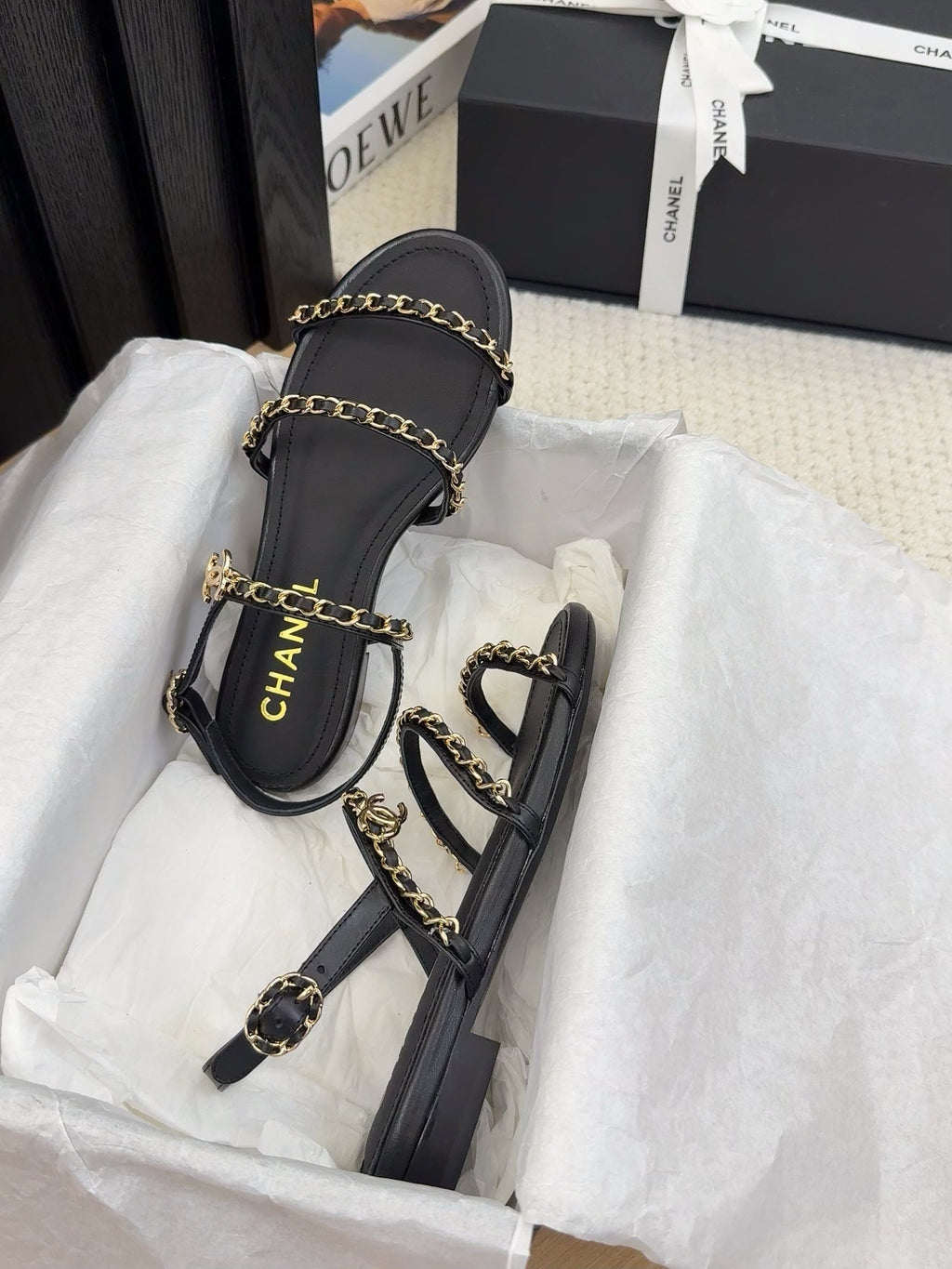 THREE-STRAPS SANDALS IN BLACK CALFSKIN WITH GOLD HARDWARE