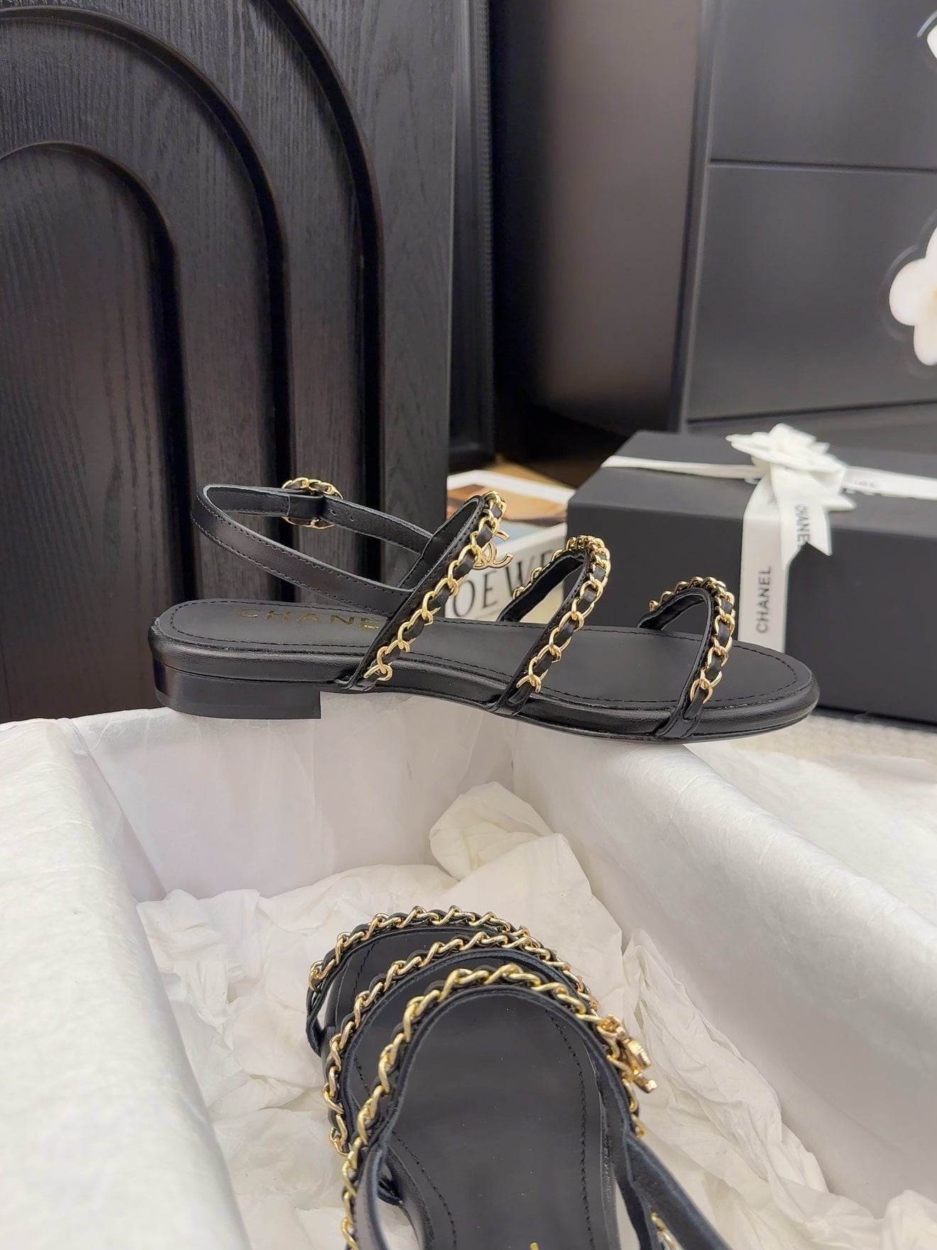THREE-STRAPS SANDALS IN BLACK CALFSKIN WITH GOLD HARDWARE
