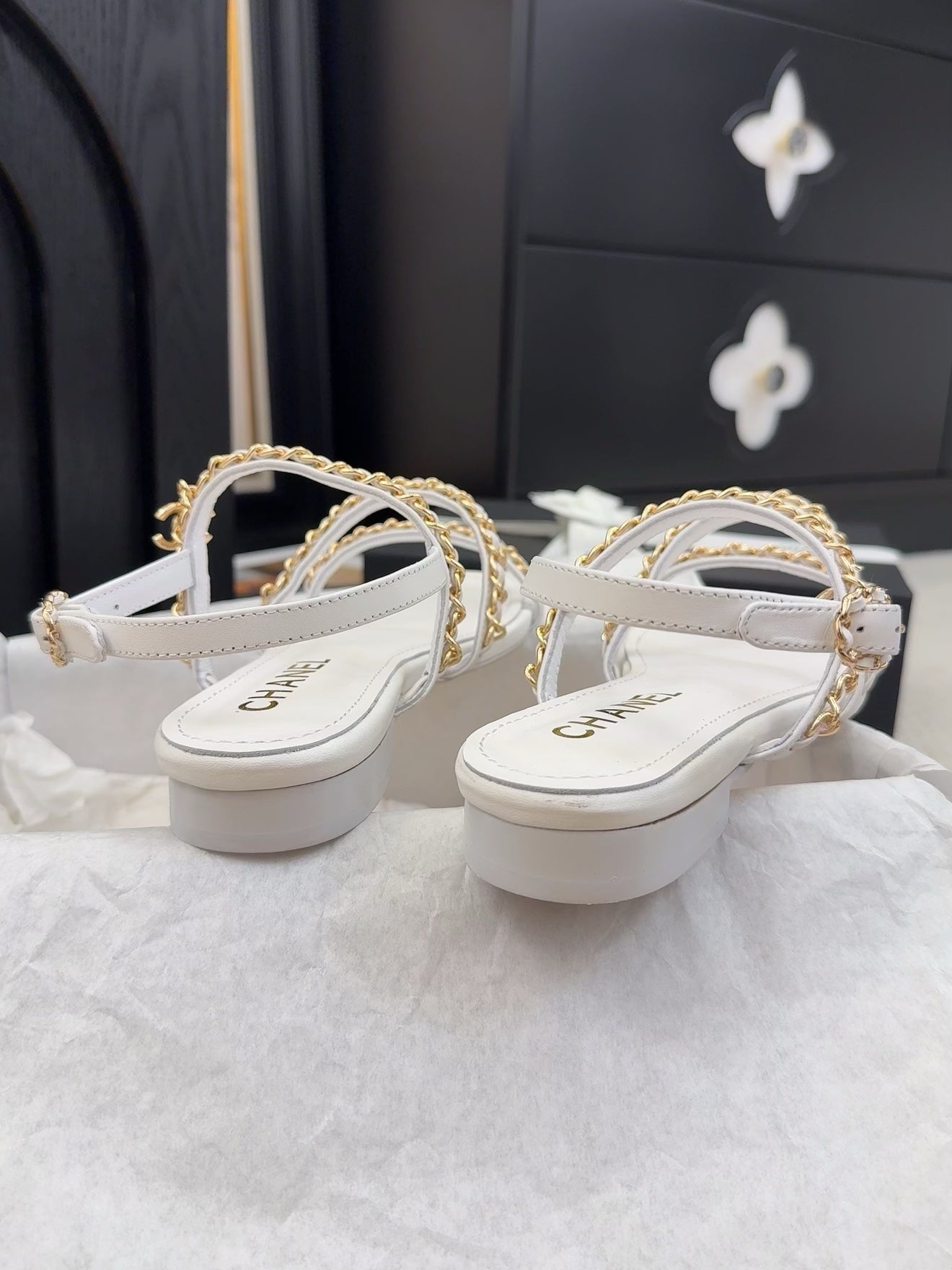 THREE-STRAPS SANDALS IN WHITE CALFSKIN WITH GOLD HARDWARE