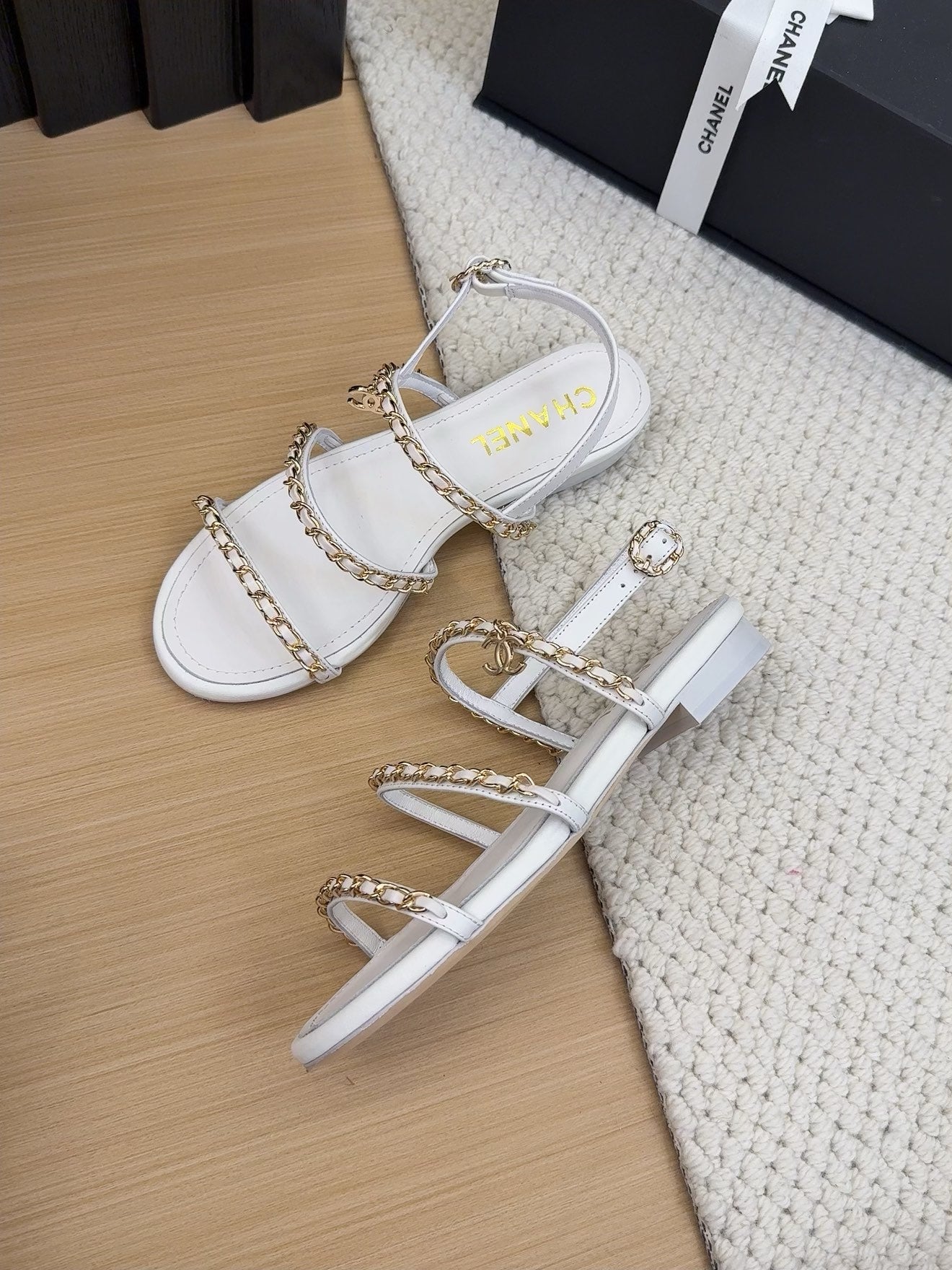 THREE-STRAPS SANDALS IN WHITE CALFSKIN WITH GOLD HARDWARE