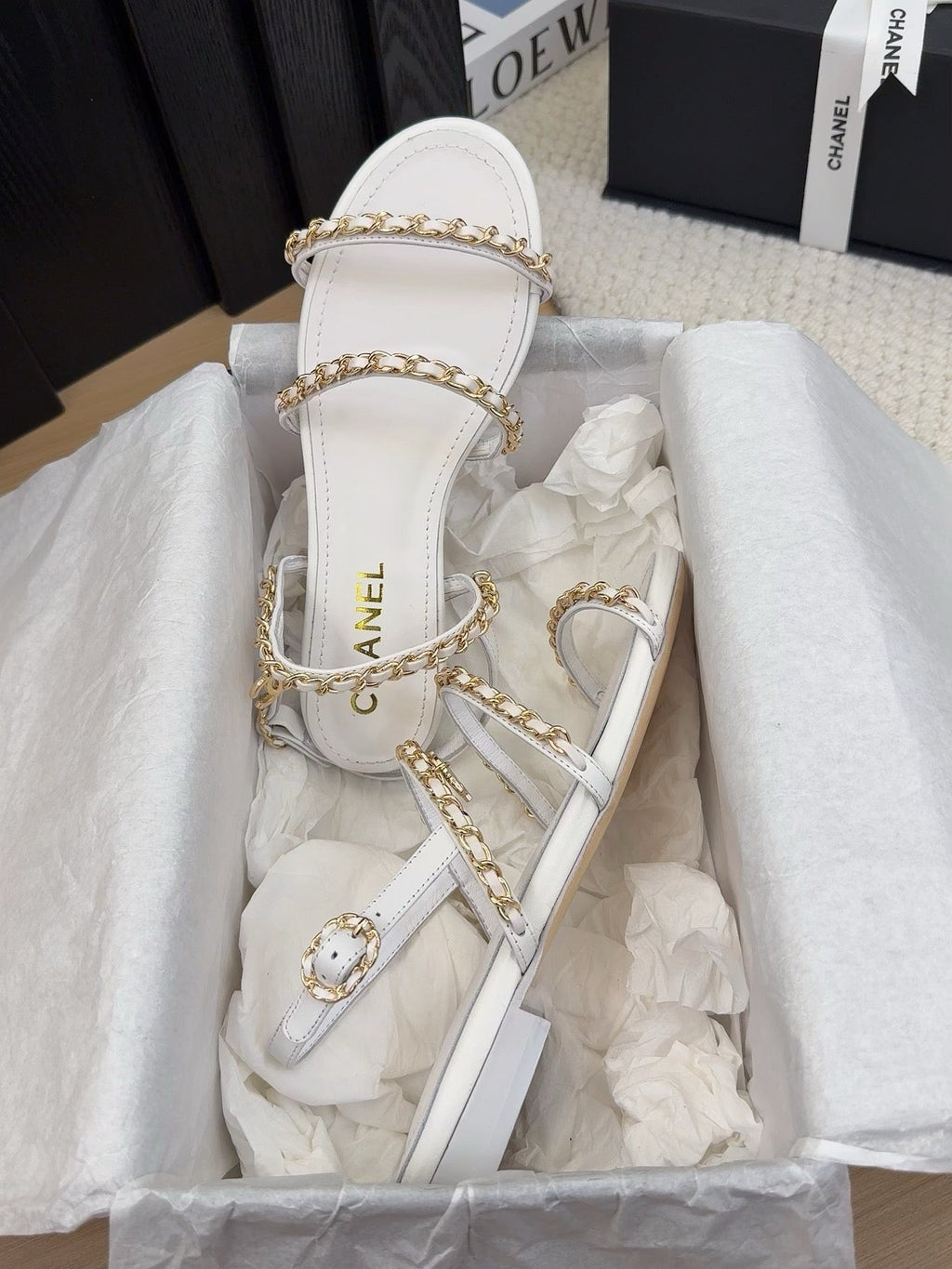 THREE-STRAPS SANDALS IN WHITE CALFSKIN WITH GOLD HARDWARE