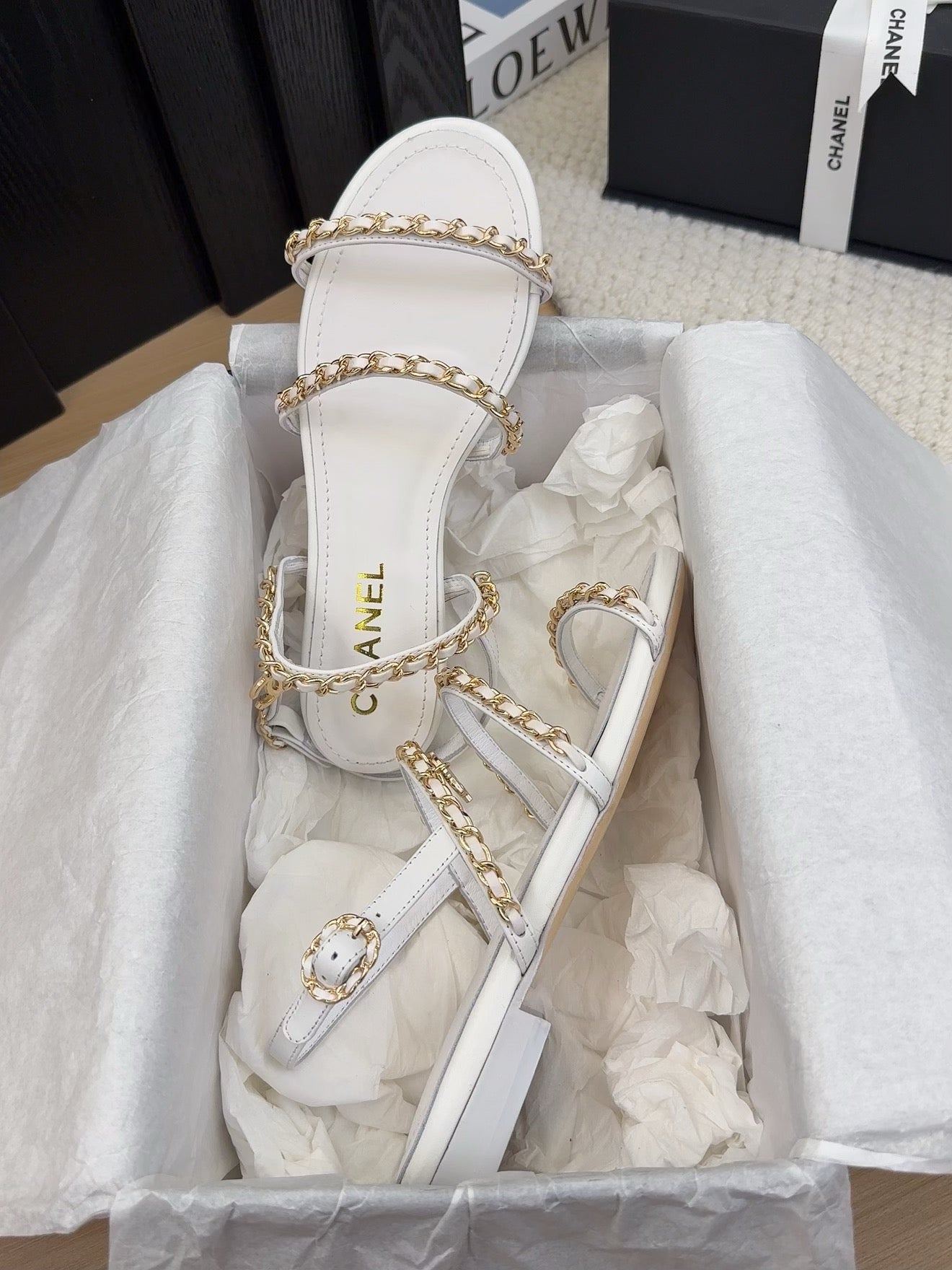 THREE-STRAPS SANDALS IN WHITE CALFSKIN WITH GOLD HARDWARE