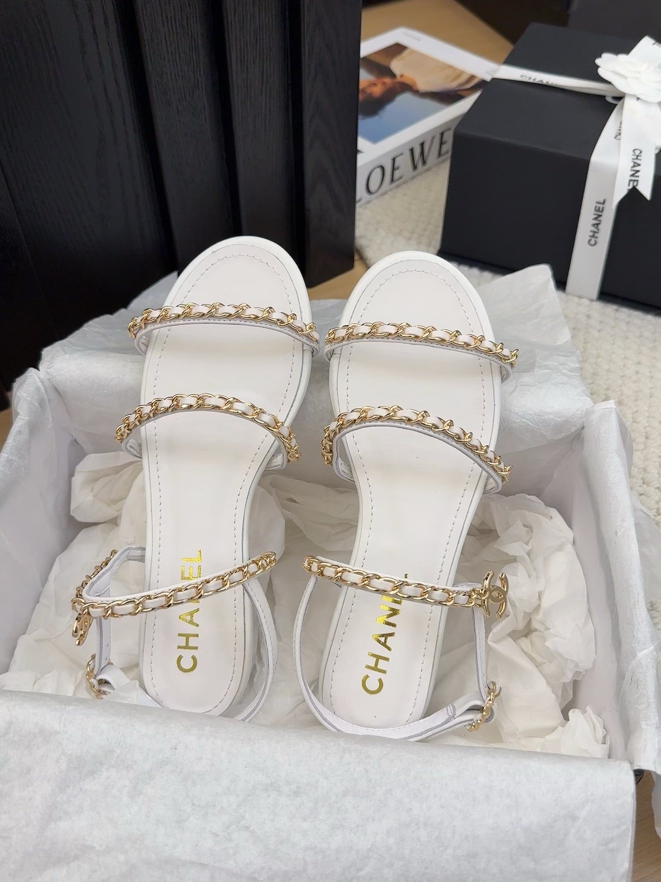 THREE-STRAPS SANDALS IN WHITE CALFSKIN WITH GOLD HARDWARE
