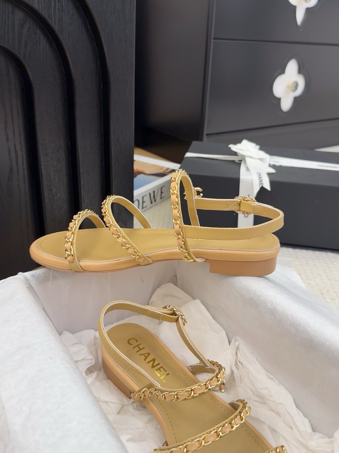 THREE-STRAPS SANDALS IN SAND YELLOW CALFSKIN WITH GOLD HARDWARE