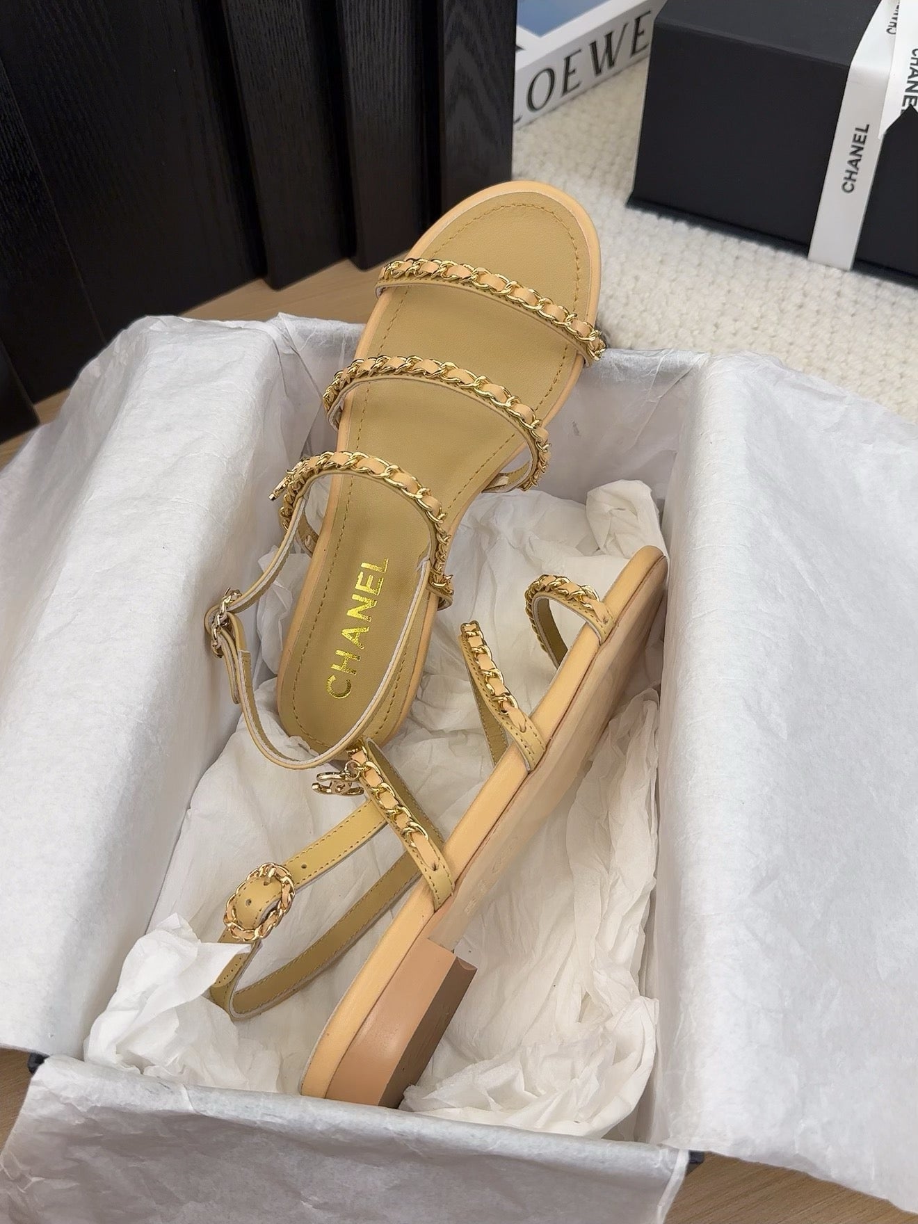 THREE-STRAPS SANDALS IN SAND YELLOW CALFSKIN WITH GOLD HARDWARE