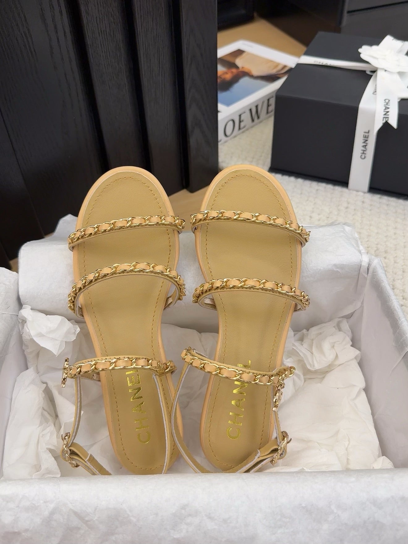 THREE-STRAPS SANDALS IN SAND YELLOW CALFSKIN WITH GOLD HARDWARE