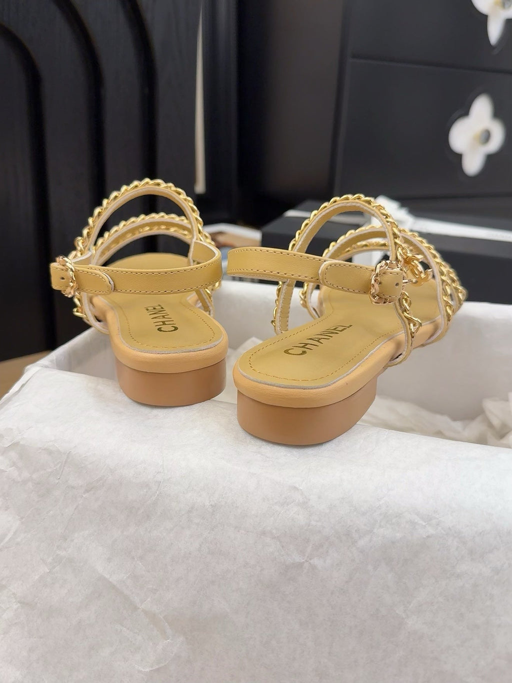 THREE-STRAPS SANDALS IN SAND YELLOW CALFSKIN WITH GOLD HARDWARE