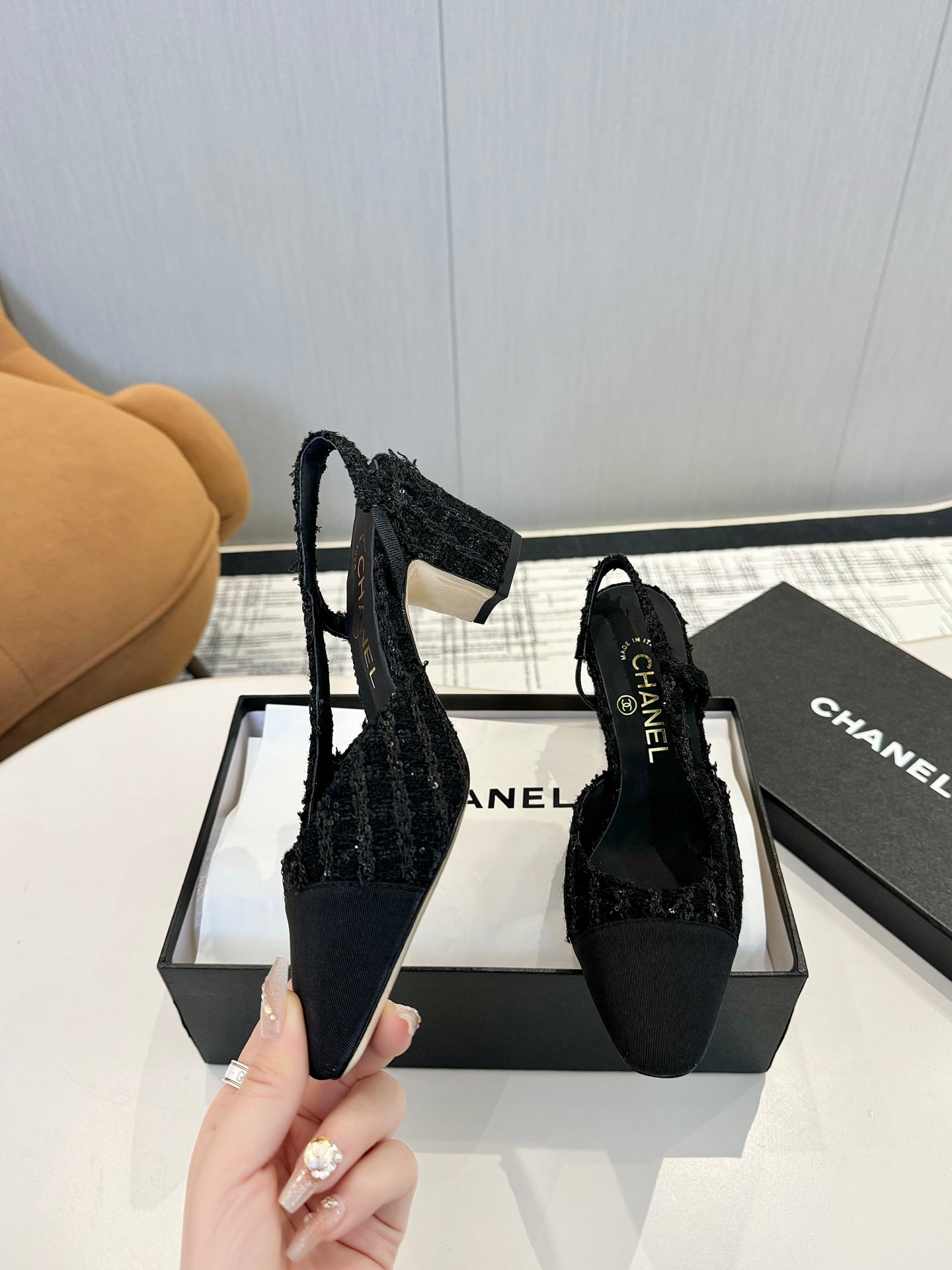 CC SLINGBACK 25S 65 MM IN BLACK TWEED MIX SEQUINS