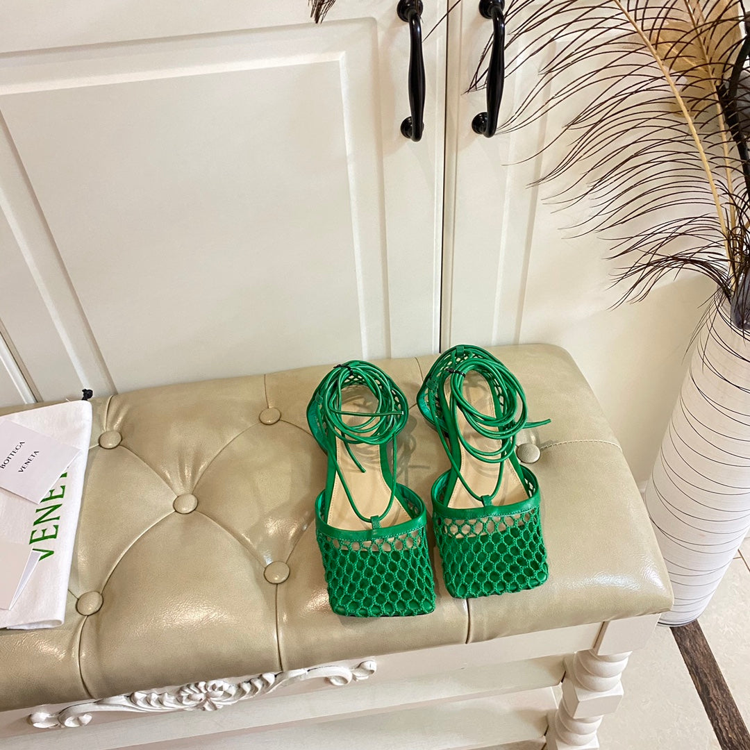 STRETCH LACE-UP FLAT SANDAL IN COOL GREEN METALLIZED MESH AND LEATHER