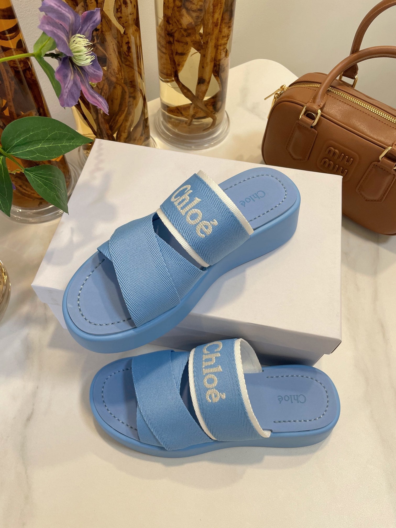 CHLO¨¦ WOODY WEDGE SANDALS IN CERULEAN BLUE CANVAS WITH RUBBER SOLE