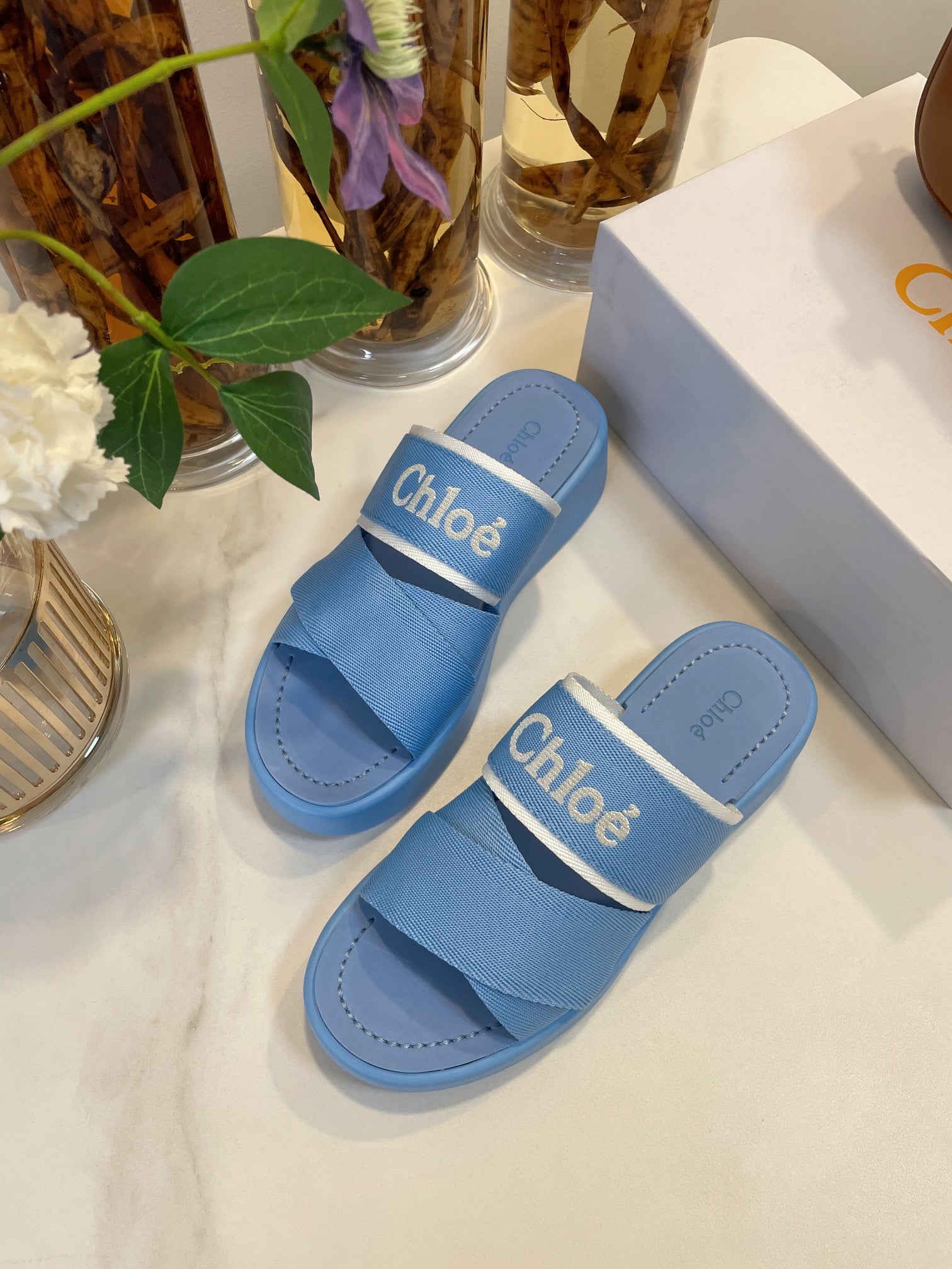 CHLO¨¦ WOODY WEDGE SANDALS IN CERULEAN BLUE CANVAS WITH RUBBER SOLE