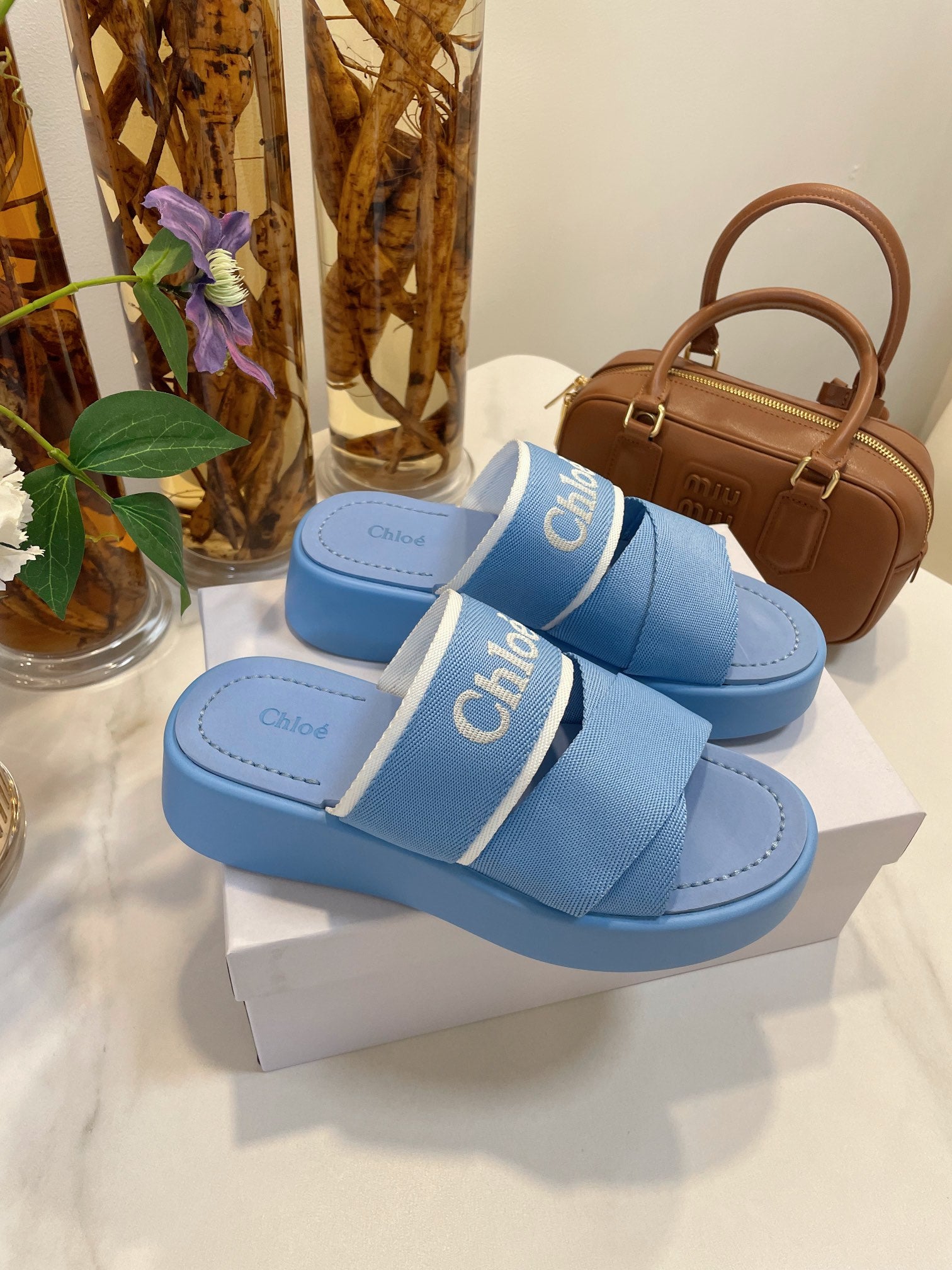 CHLO¨¦ WOODY WEDGE SANDALS IN CERULEAN BLUE CANVAS WITH RUBBER SOLE