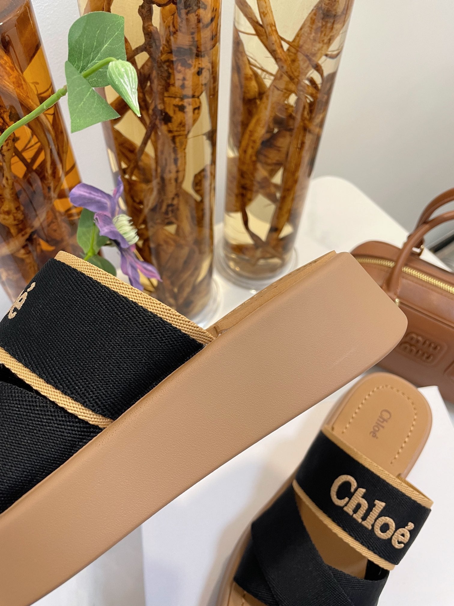 WOODY WEDGE SANDALS IN BLACK CANVAS WITH CIDER BROWN RUBBER SOLE