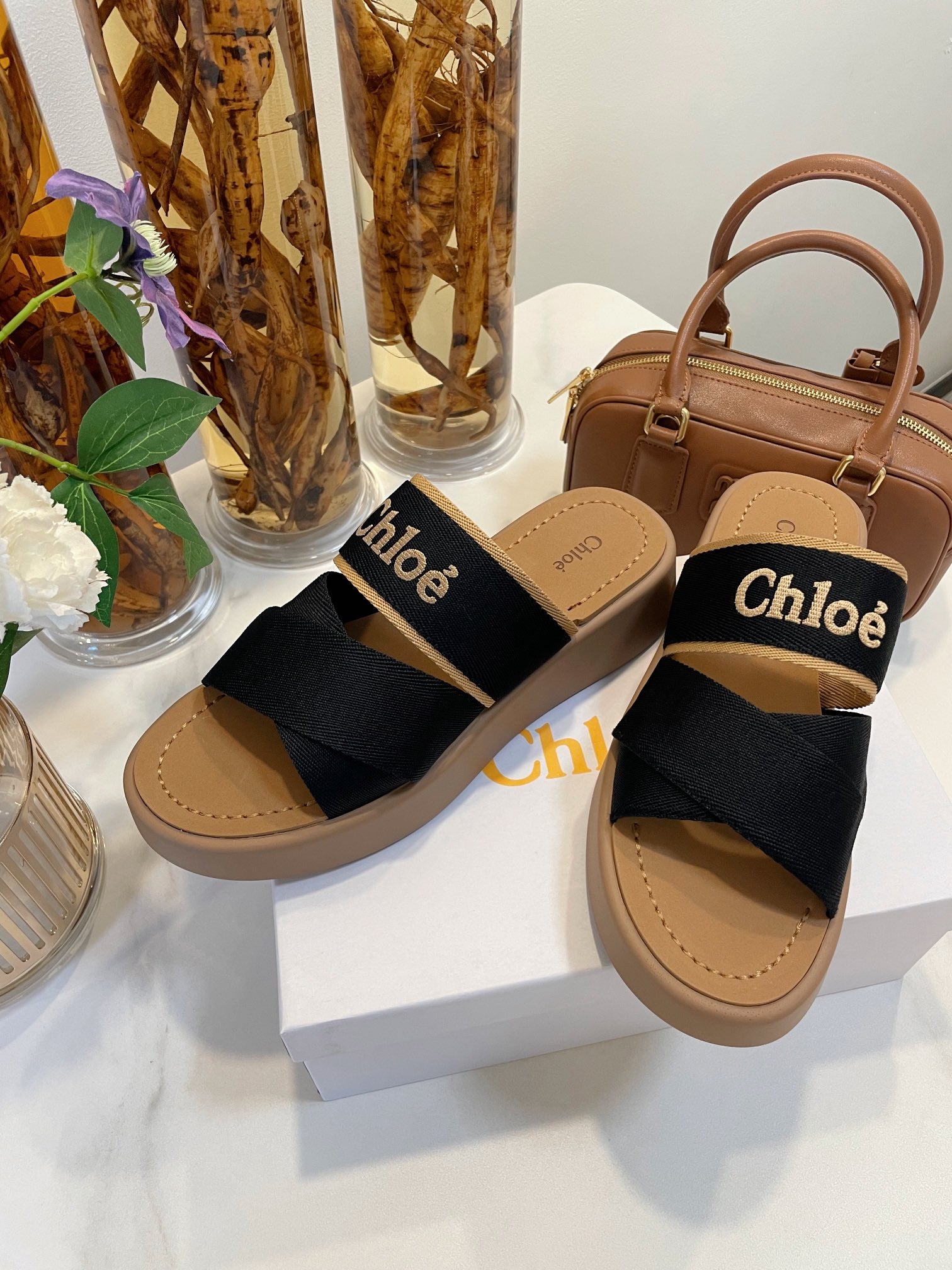 WOODY WEDGE SANDALS IN BLACK CANVAS WITH CIDER BROWN RUBBER SOLE