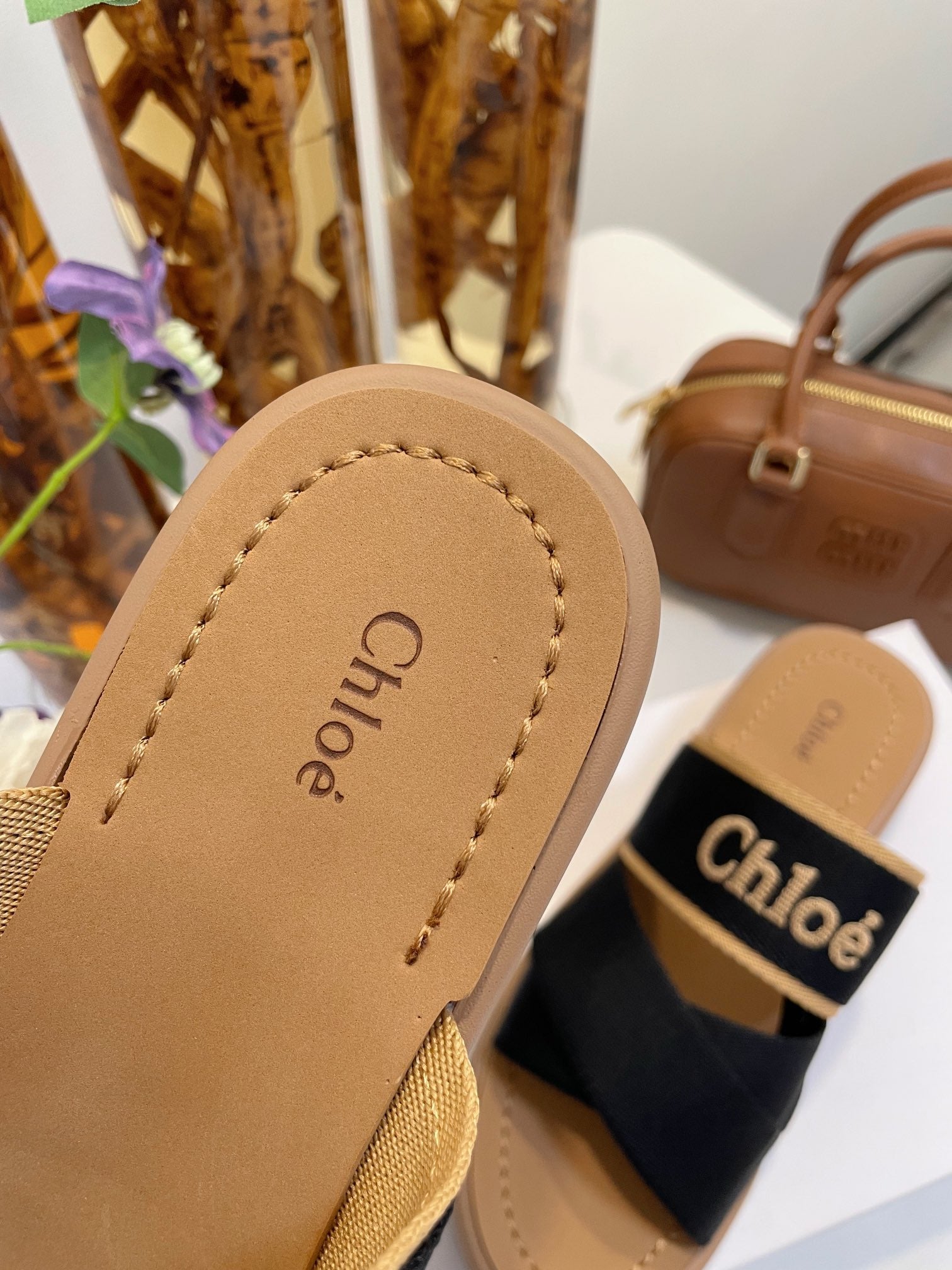 WOODY WEDGE SANDALS IN BLACK CANVAS WITH CIDER BROWN RUBBER SOLE