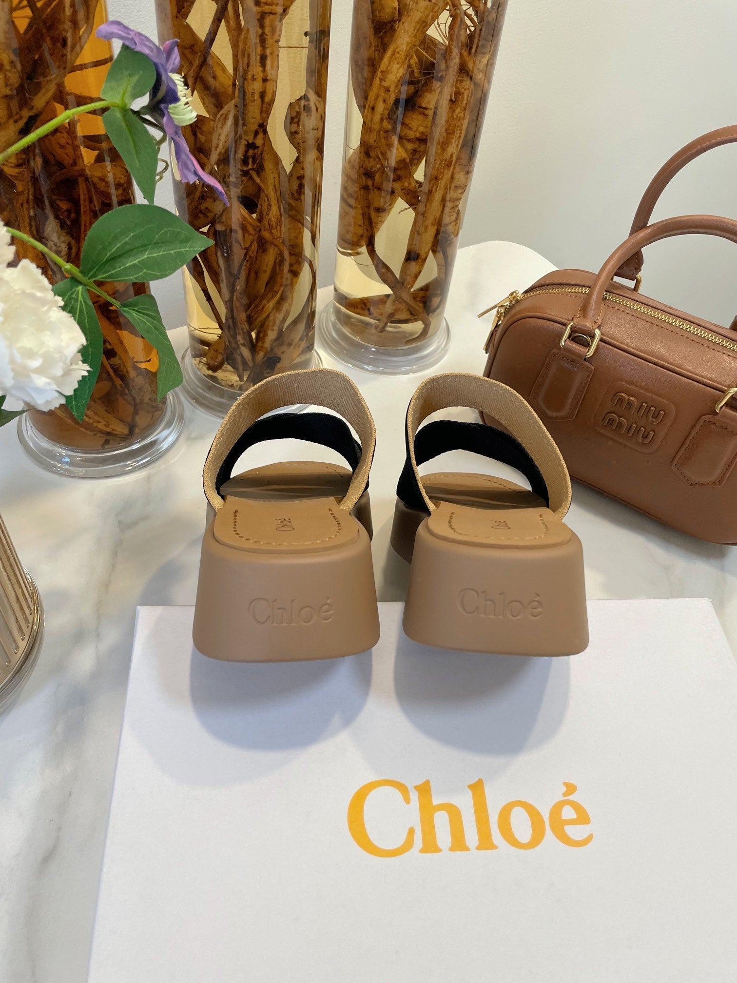WOODY WEDGE SANDALS IN BLACK CANVAS WITH CIDER BROWN RUBBER SOLE