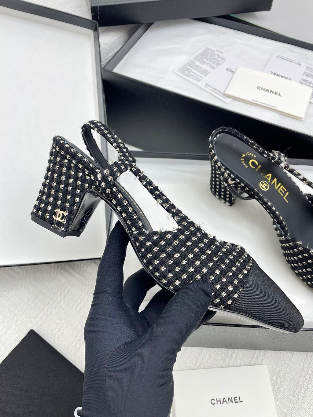CC SLINGBACK 25S 65 MM IN BLACK TWEED AND FABRIC