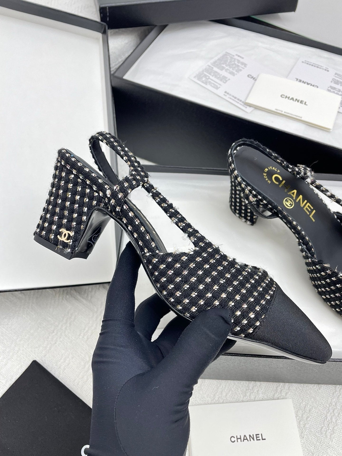 CC SLINGBACK 25S 65 MM IN BLACK TWEED AND FABRIC